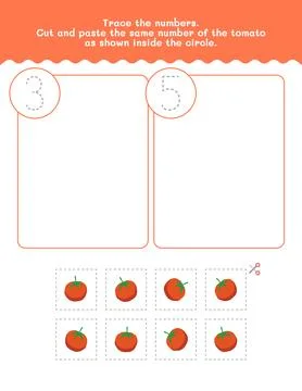 Three And Five Counting And Tracing Number Worksheet. Cut And Paste Workshe.. Stock Illustration
