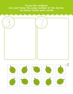 Three And Seven Counting And Tracing Number Worksheet. Cut And Paste Worksh.. Stock Illustration