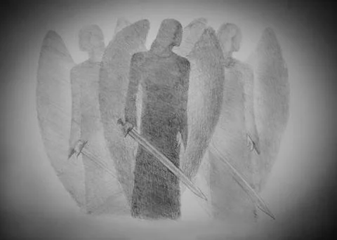 Three angels with a sword Stock Illustration