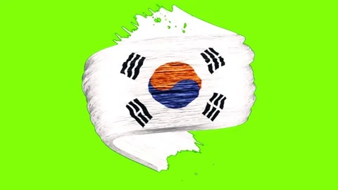 Three animated brush stroke style south korean flags waving against a bright Stock Footage 346121163