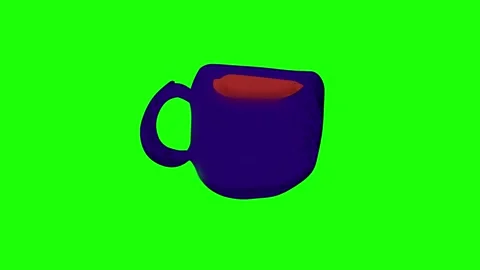 Three animated dark blue coffee mugs floating against a vibrant solid bright Stock-Footage 346124122