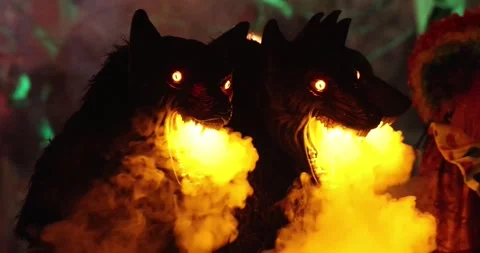 Three animatronic wolf heads with glowing eyes and smoke effects create a spooky Stock Footage 290254400