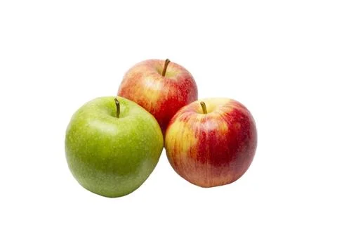Three apples, one green and two red-yellow on a transparent background. Stock Photos