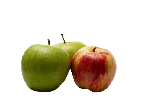 Three apples, two green and one red-yellow on a transparent background. Stock Photos