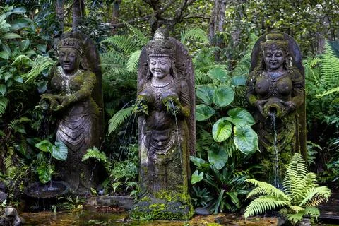 Three Apsari Fountain Figures in Ubud Monkey Forest Stock Photos