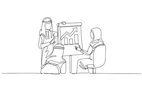 Three Arab colleagues on business presentation, pointing to trending bar graph Stock Illustration