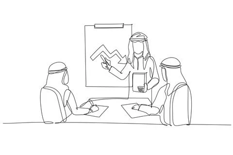 Three Arab men in corporate setting with one presenting fluctuating arrow chart Stock Illustration