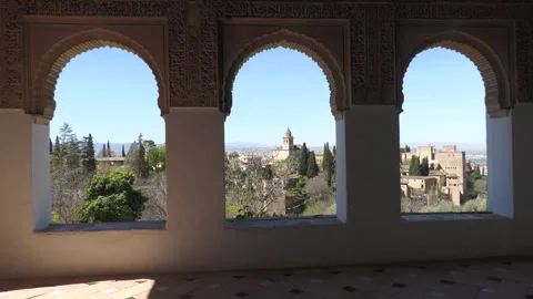 Three Arched Windows View at Alhambra in Granada Spain Stock Footage 336025218