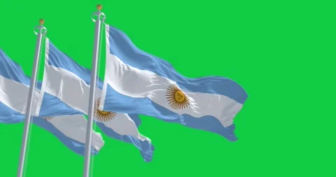 Three Argentine flags waving on green background Video stock 243900143