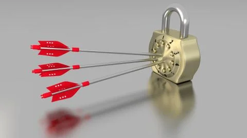 Three aroows hitting a golden padlock on chrome table Stock Illustration
