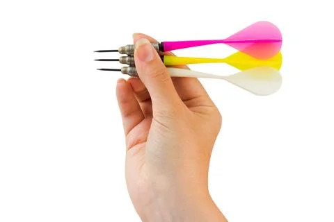 Three arrows darts in hand Three arrows darts in hand isolated on white ba... Foto stock