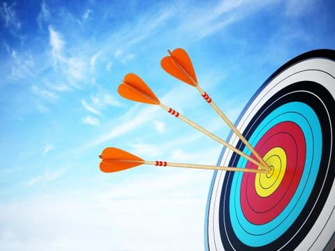 Three arrows hit at the center of the target. 3D illustration Stock Illustration