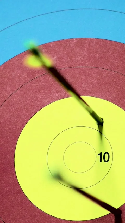 Three arrows hits on target. Ten points. Close up video Stock Footage 329145905