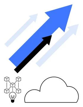 Three arrows pointing upward symbolize growth alongside cloud and network ico Stock Illustration