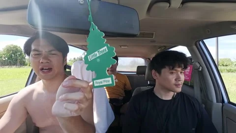Three Asian men in a car on a nature side in a funny road trip Stock Footage 340309682