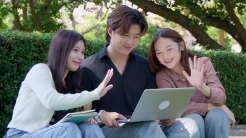 Three Asian University Students Using Laptop and Waving Outdoors in Park Stock Footage 335500458