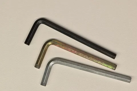 Three assorted allen wrenches flat lay. 스톡 사진