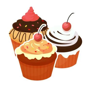 Three assorted cupcakes with cherries on top. Delicious bakery sweets with Stock Illustration