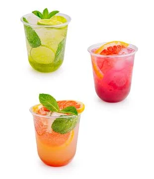 Three assorted refreshing cold summer citrus drinks Stock Photos