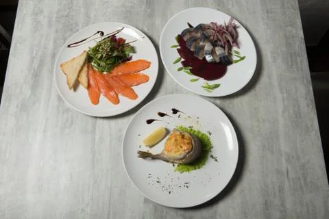 Three assorted restaurant dishes of mackerel, salmon, and trout and vegetable Stock Photos