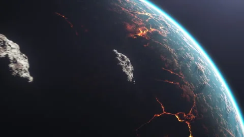 Three asteroids are flying in space towards a planet that is already in chaos Stock Footage 262021002