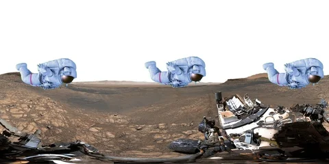 Three astronauts performing synchronized hovering near the Curiosity Rover 360VR Видео 128396950