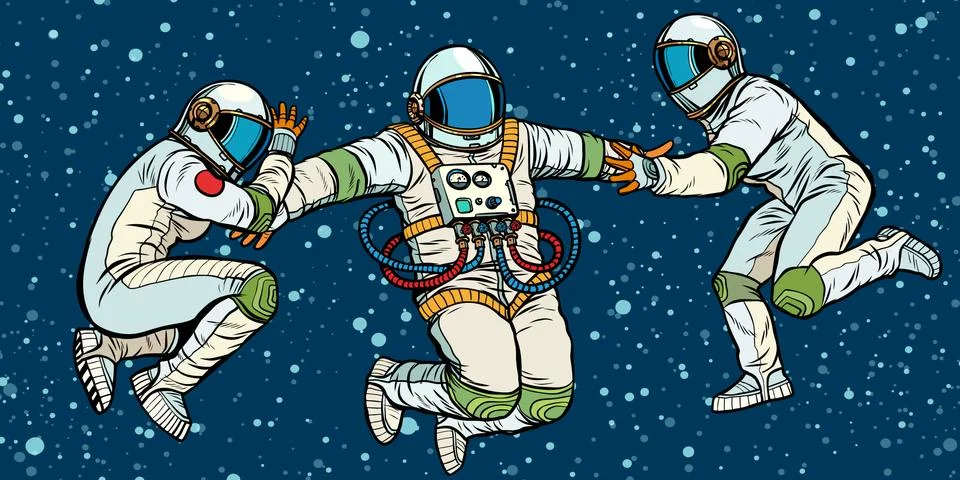 Three astronauts in space in zero gravity Stock Illustration