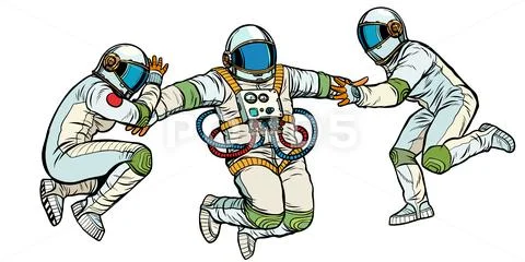 Three astronauts in space in zero gravity isolate on white background Stock Illustration