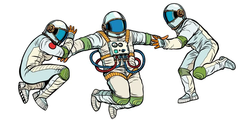Three astronauts in space in zero gravity isolate on white background Stock-Illustration