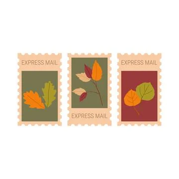 Three autumn postage stamps with fall leaves vector illustration Stock Illustration