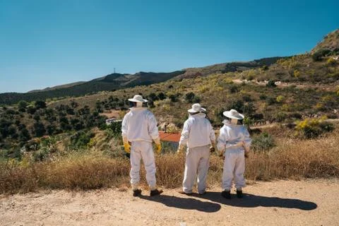Three back beekeepers in protective workwear. Beekeeping concept. Stock Photos
