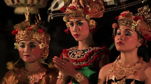 Three Bali Dancers at a Performance Stock Footage 146936095