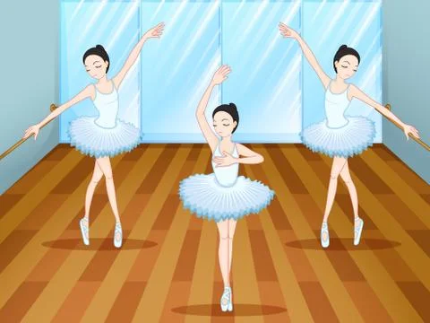 Three ballet dancers dancing inside the studio Stockillustratie