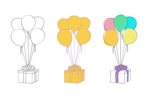 Three balloons and a gift box with a ribbon Stock Illustration