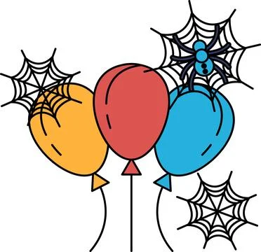 Three balloons float above webs with spiders 스톡 일러스트