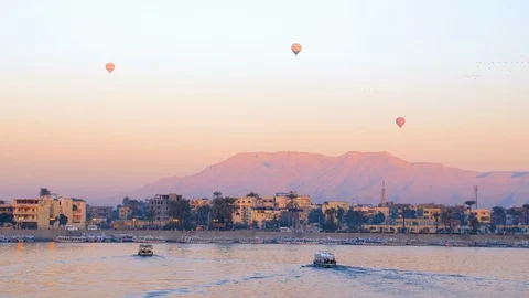 Three balloons flying over the Nile, Egypt. Two shots! Stock Footage 96218476