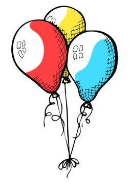 Three balloons on a string. Hand drawn, isolated on a white background. Stock Illustration