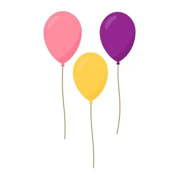 Three balloons with strings isolated on white background. Cute flat vector Stock Illustration