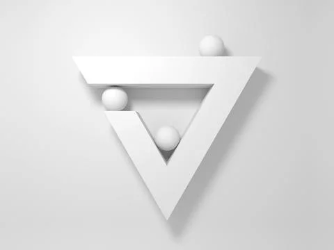 Three balls and triangular frame mounted on white wall. Abstract 3d Illustrazione stock