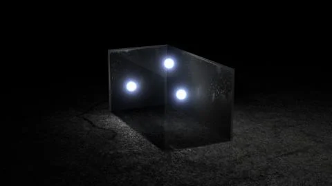 Three Balls with illuminating light in a transparent glass box, 3D render Stock Illustration