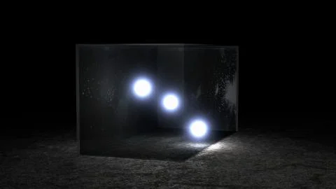 Three Balls with illuminating light in a transparent glass box, 3D render Stock Illustration