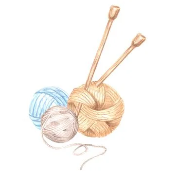 Three balls of thread and wooden knitting needles. Watercolor template Stock Illustration