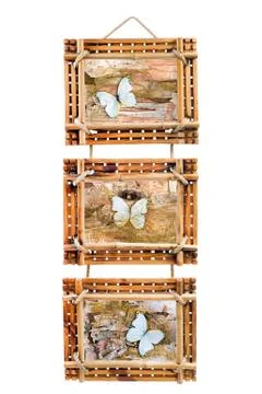 Three bamboo photo frames with abstract composition of butterflies, birch bar 스톡 사진