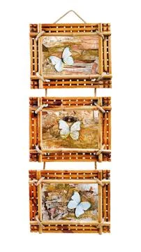 Three bamboo photo frames isolated on white background Stock Photos