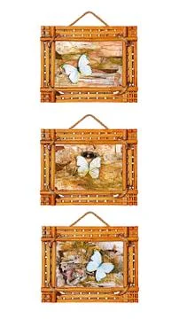 Three bamboo photo frames isolated on white background Stock Photos