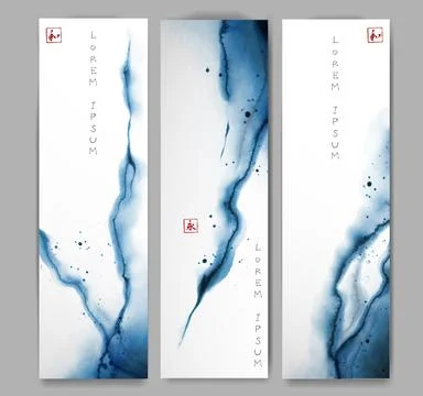 Three banners with abstract blue ink wash painting in minimalist oriental style Illustrazione stock