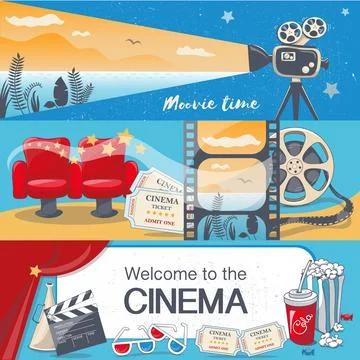 Three banners cinema on the blue background with summer movie Stock Illustration