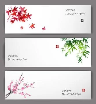 Three banners with maple, bamboo and sakura Stock Illustration