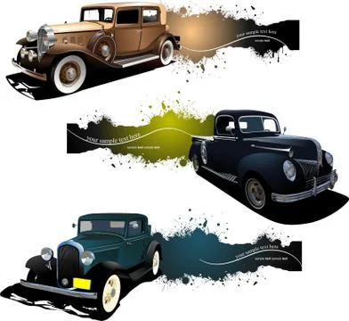 Three banners with old car. Vector illustration Ilustração Stock