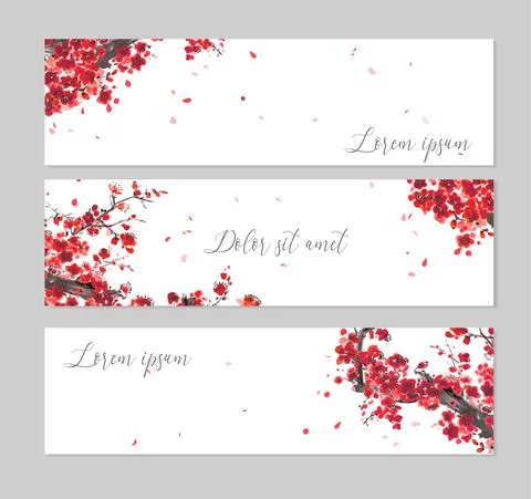 Three banners with Oriental cherry blossoming branch and falling sakura petals Illustrazione stock